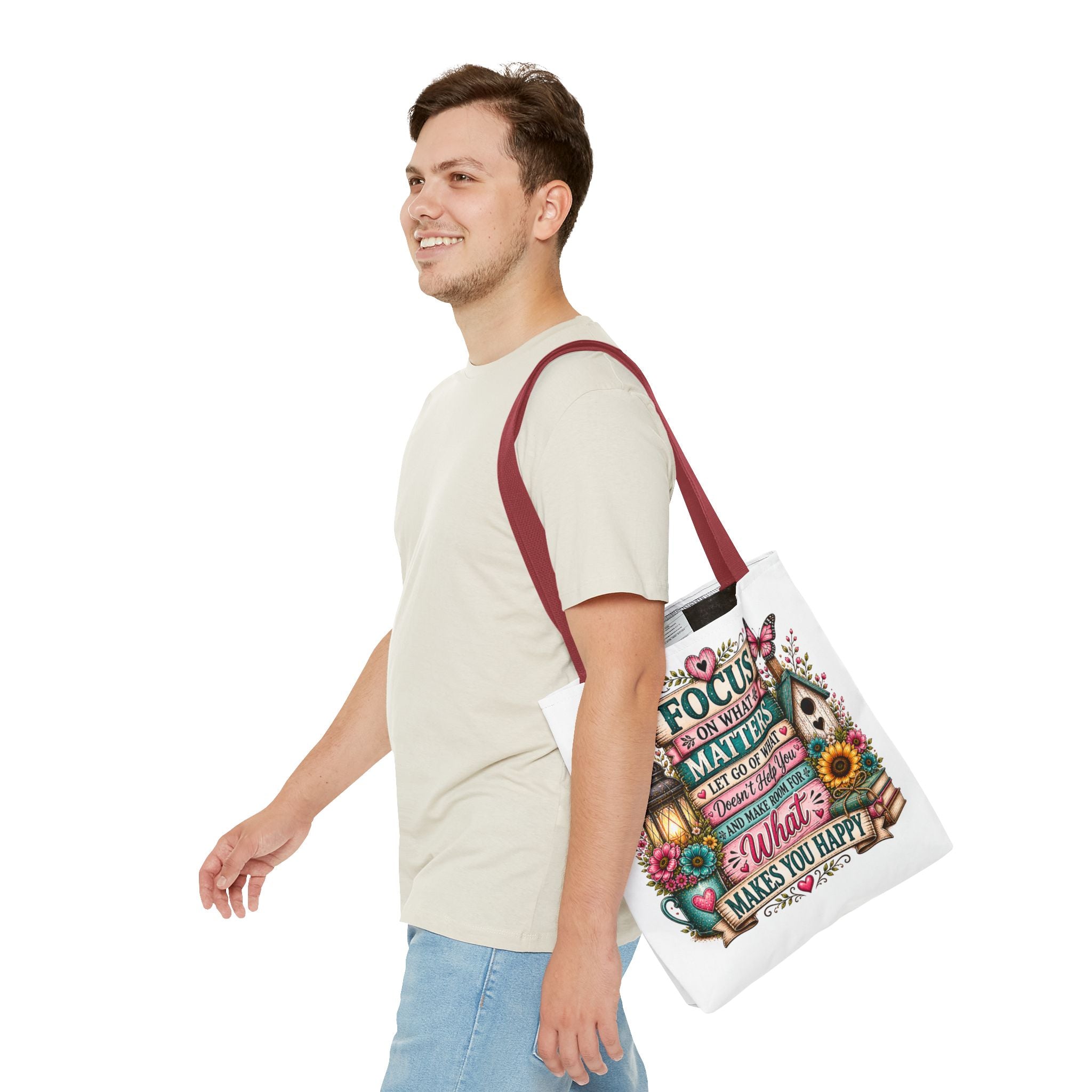 Inspirational Garden Quote Tote Bag — “Focus on What Matters” Floral Canvas Tote