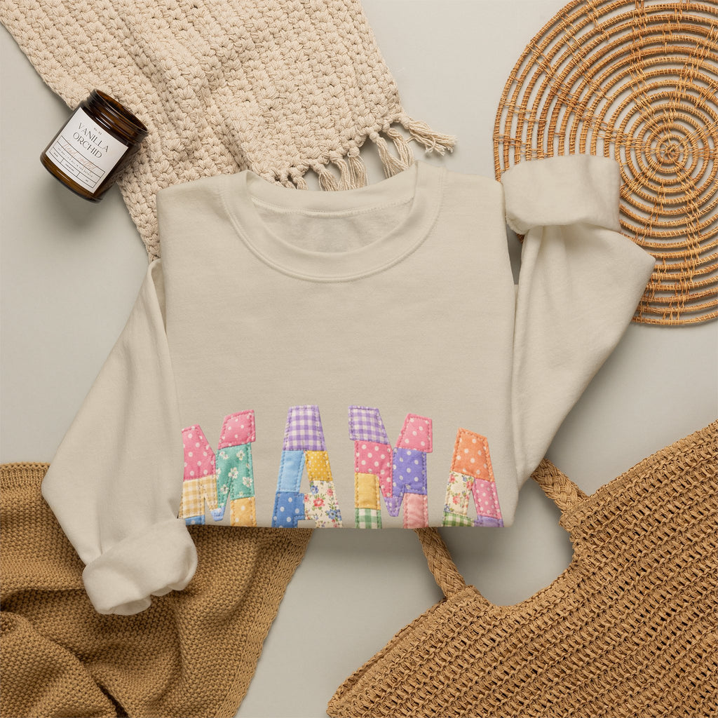 Mama Patchwork Crewneck Sweatshirt – Colorful Mom Graphic Pullover