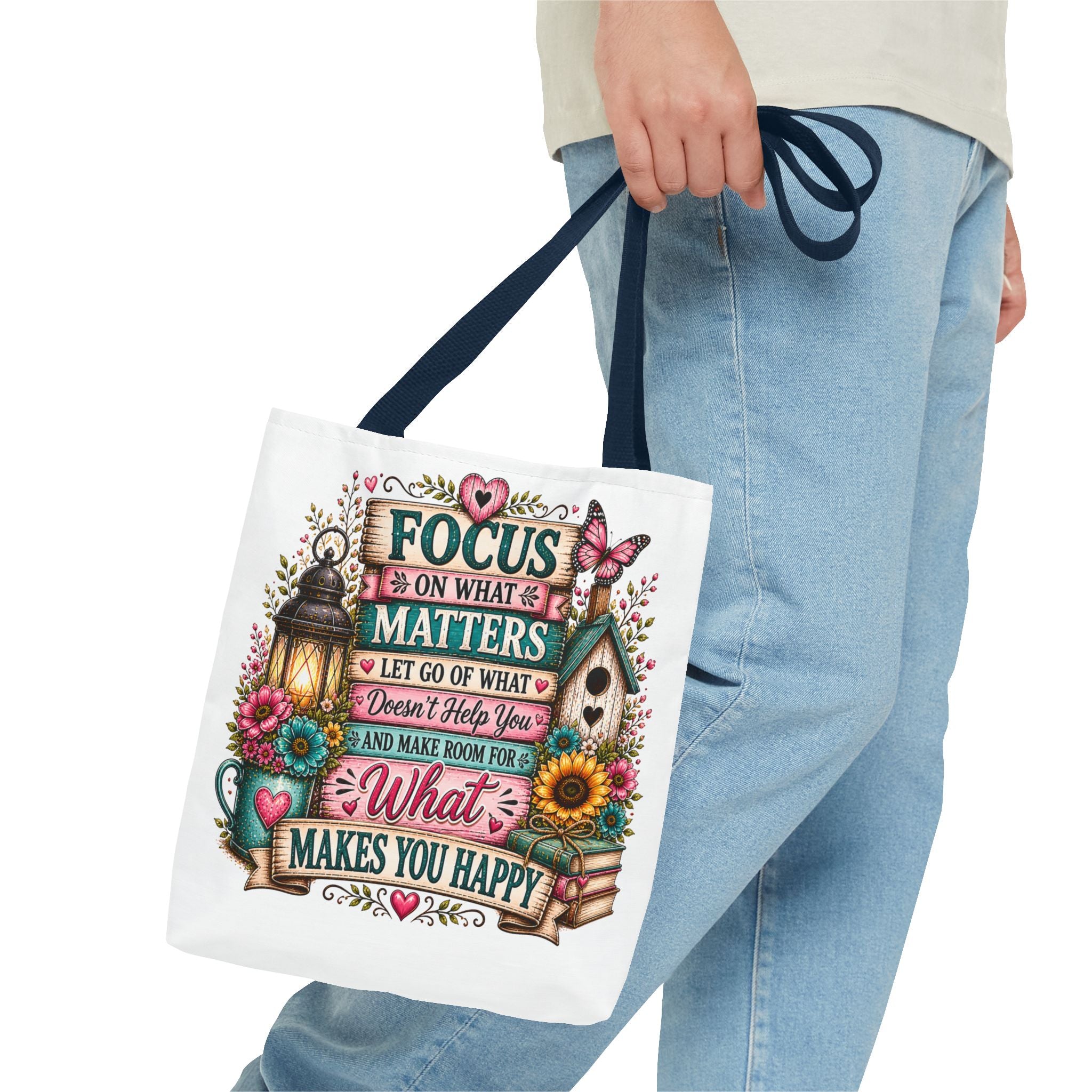 Inspirational Garden Quote Tote Bag — “Focus on What Matters” Floral Canvas Tote