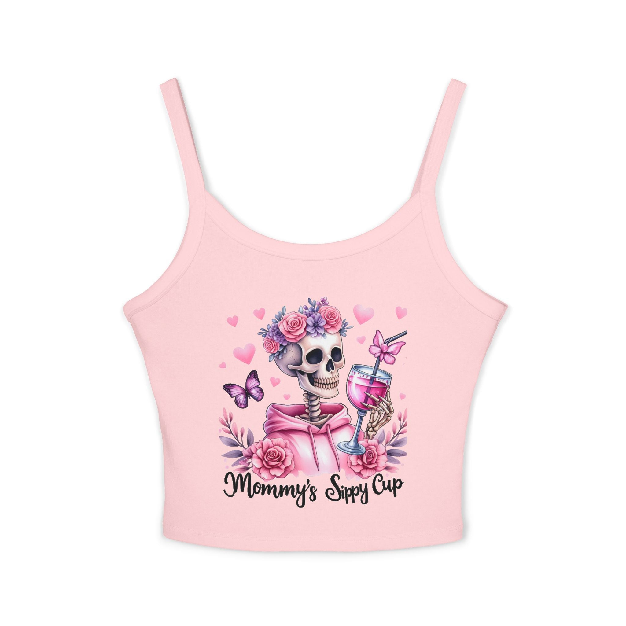Spaghetti Tank Top — 'Mommy's Sassy Cup' Floral Skull Crop Top