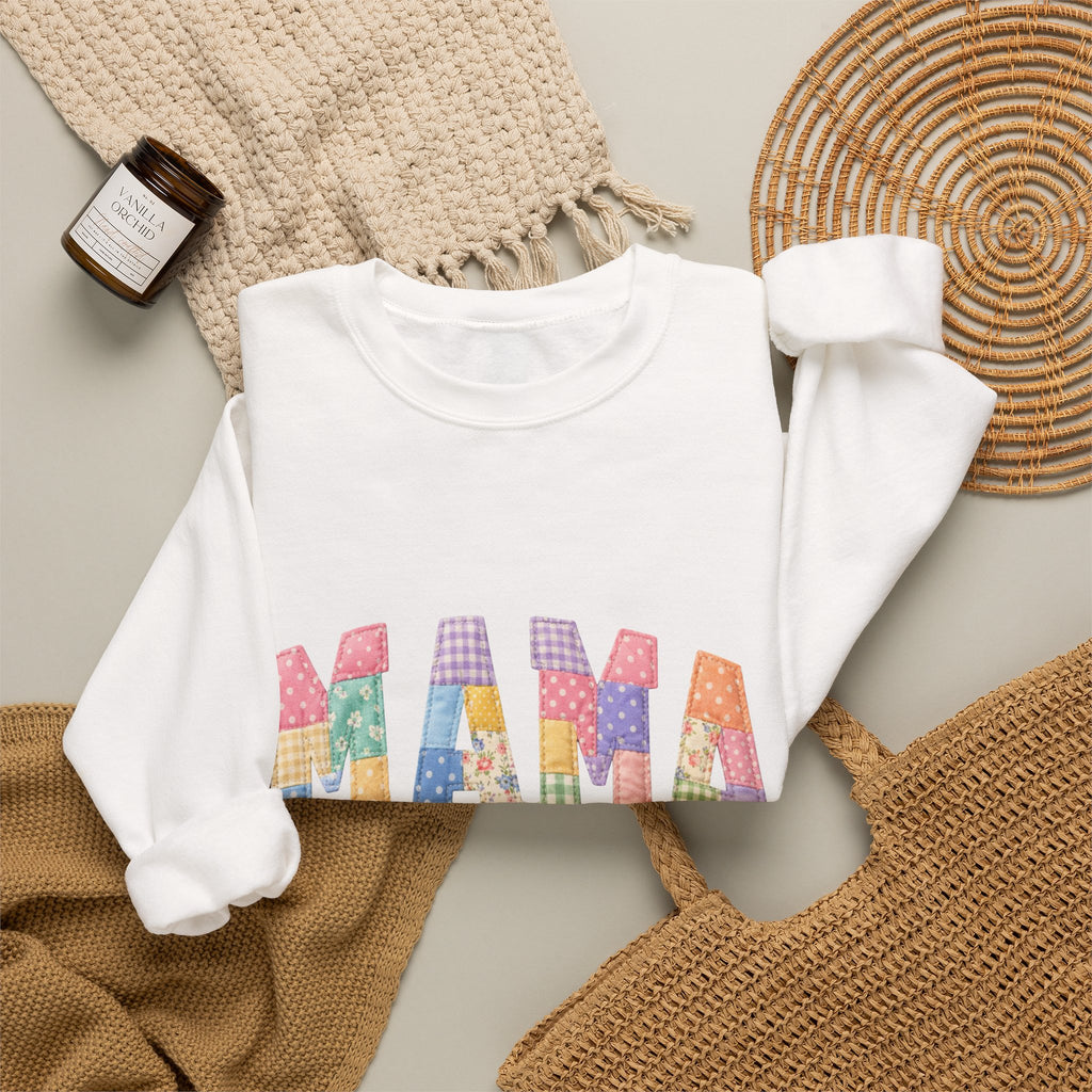 Mama Patchwork Crewneck Sweatshirt – Colorful Mom Graphic Pullover