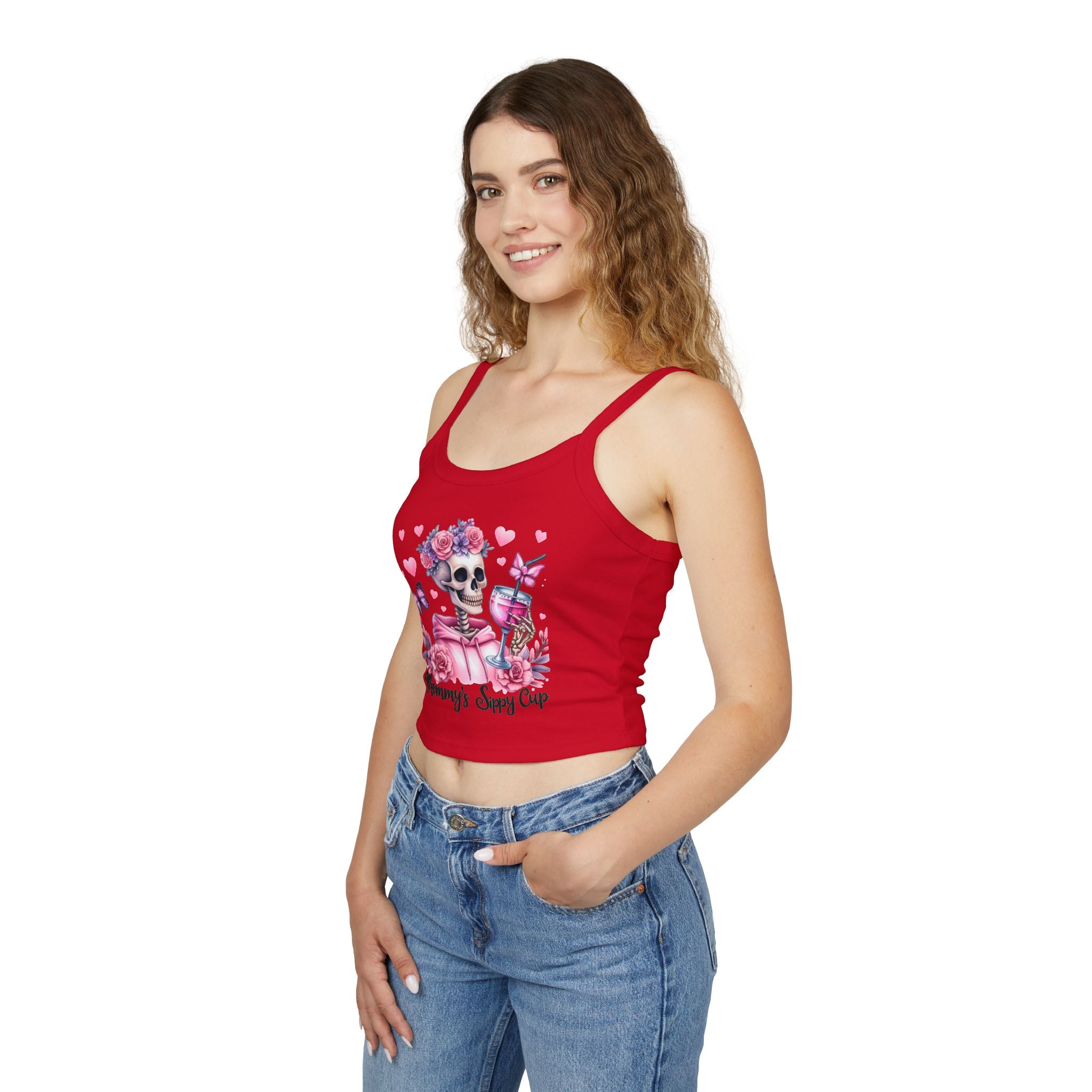 Spaghetti Tank Top — 'Mommy's Sassy Cup' Floral Skull Crop Top