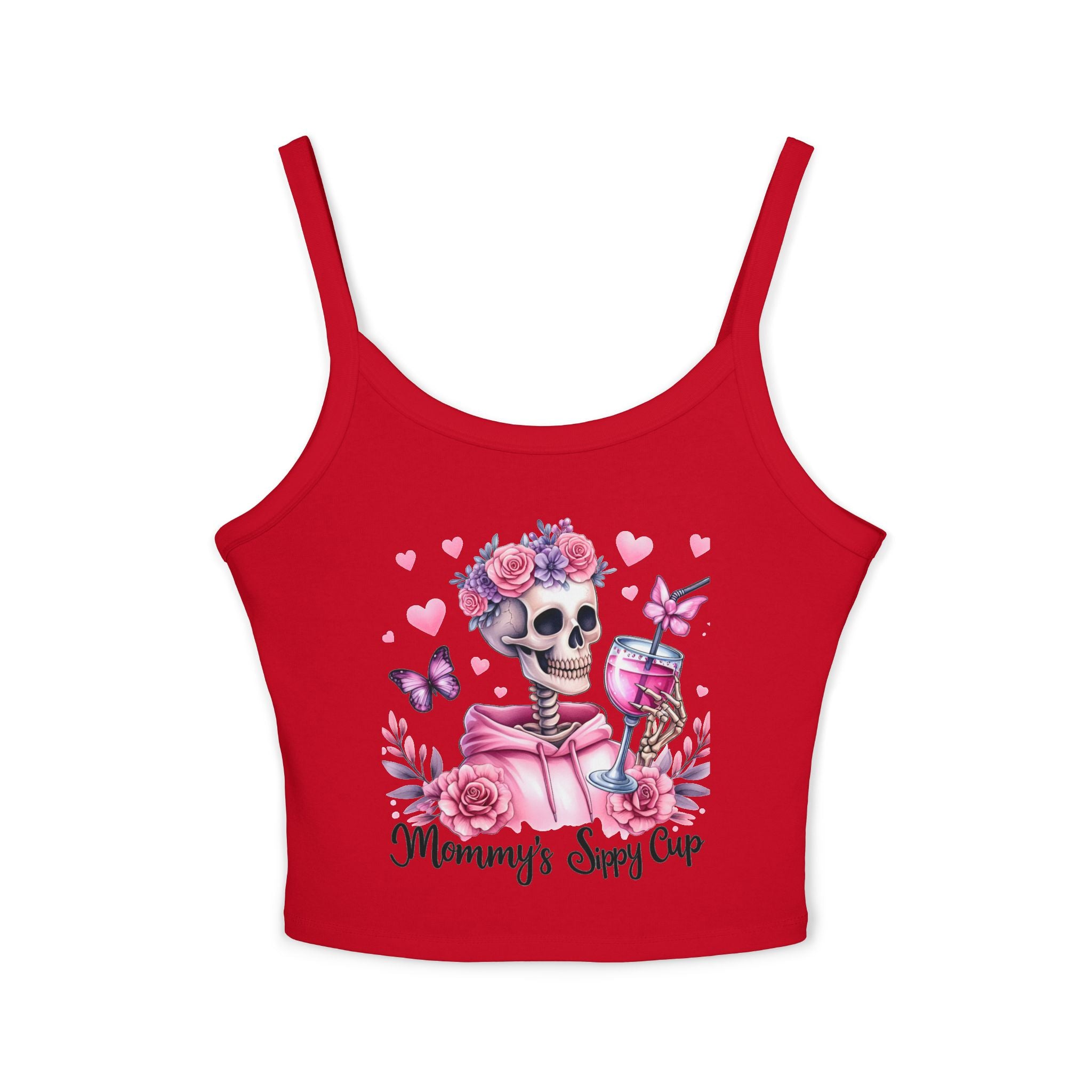 Spaghetti Tank Top — 'Mommy's Sassy Cup' Floral Skull Crop Top