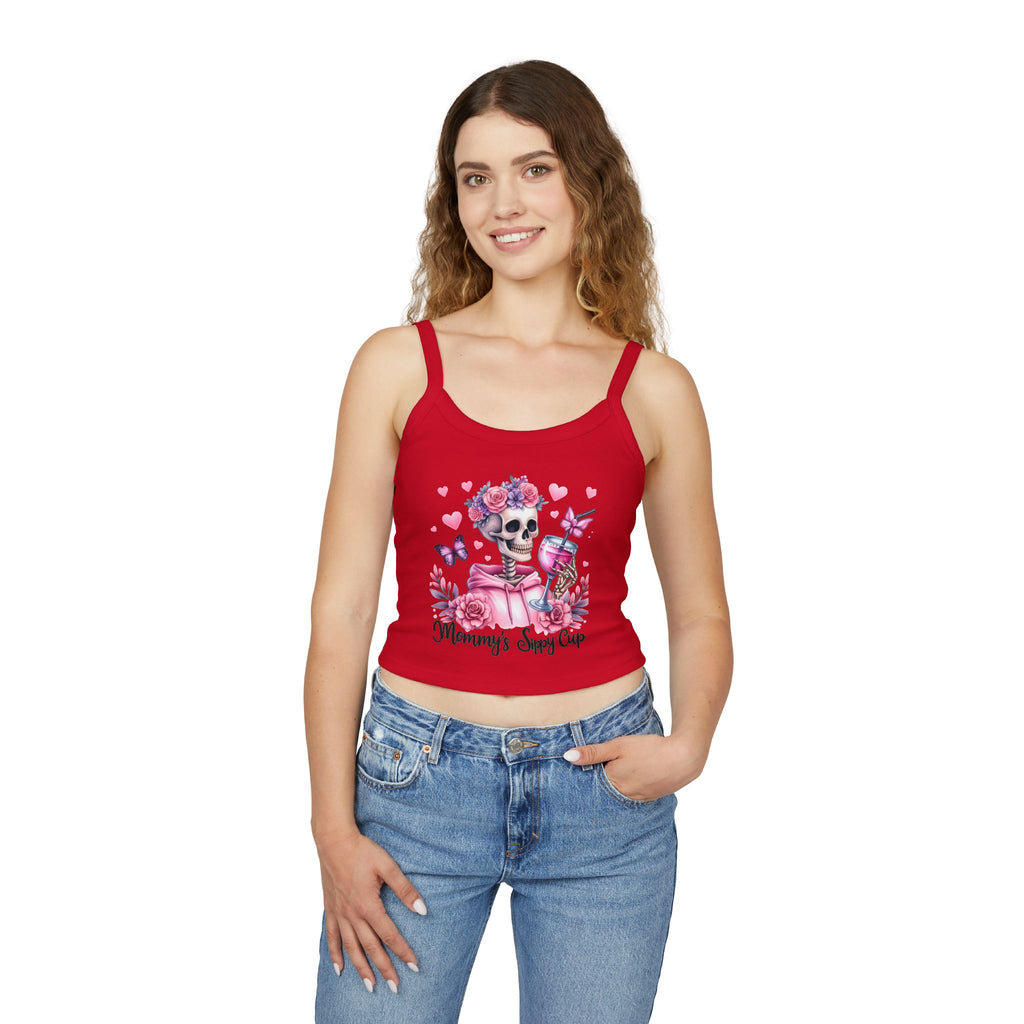 Spaghetti Tank Top — 'Mommy's Sassy Cup' Floral Skull Crop Top