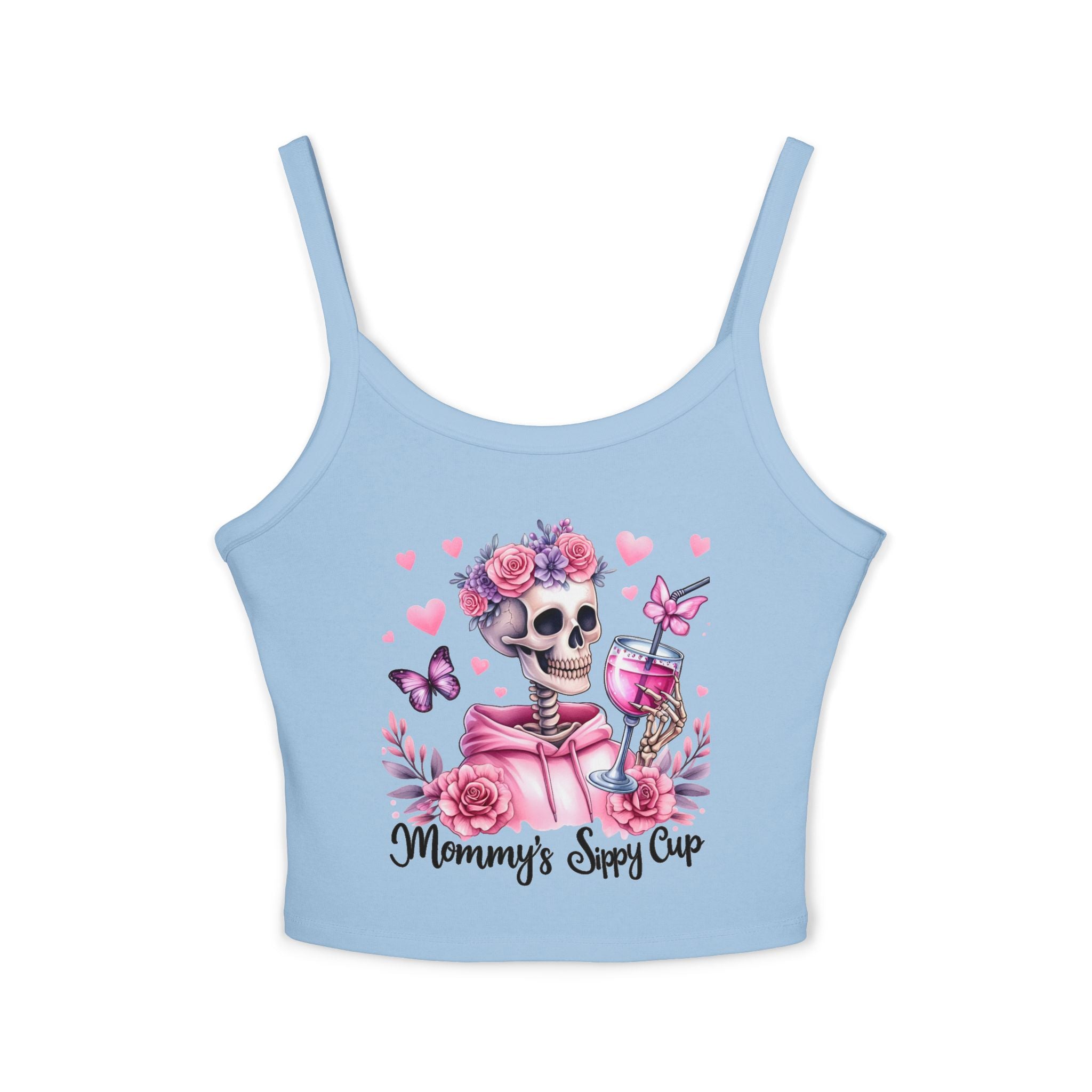 Spaghetti Tank Top — 'Mommy's Sassy Cup' Floral Skull Crop Top