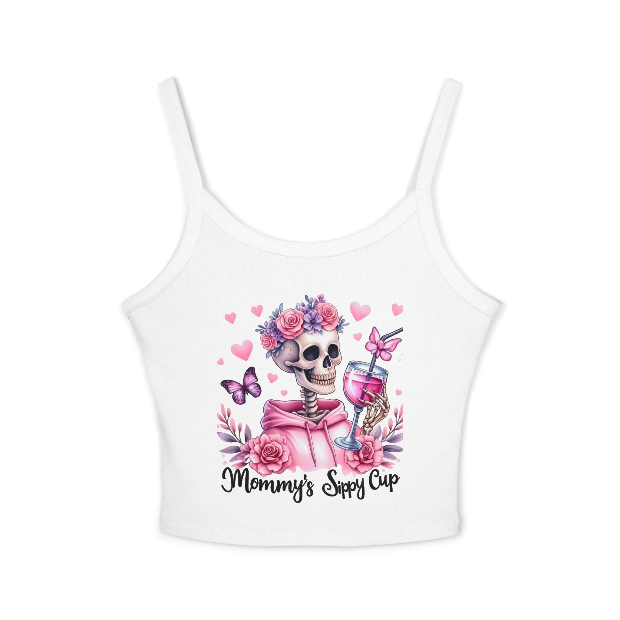 Spaghetti Tank Top — 'Mommy's Sassy Cup' Floral Skull Crop Top