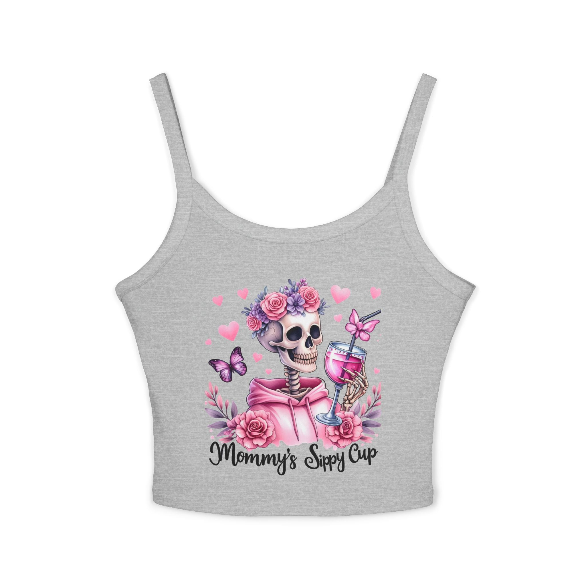 Spaghetti Tank Top — 'Mommy's Sassy Cup' Floral Skull Crop Top