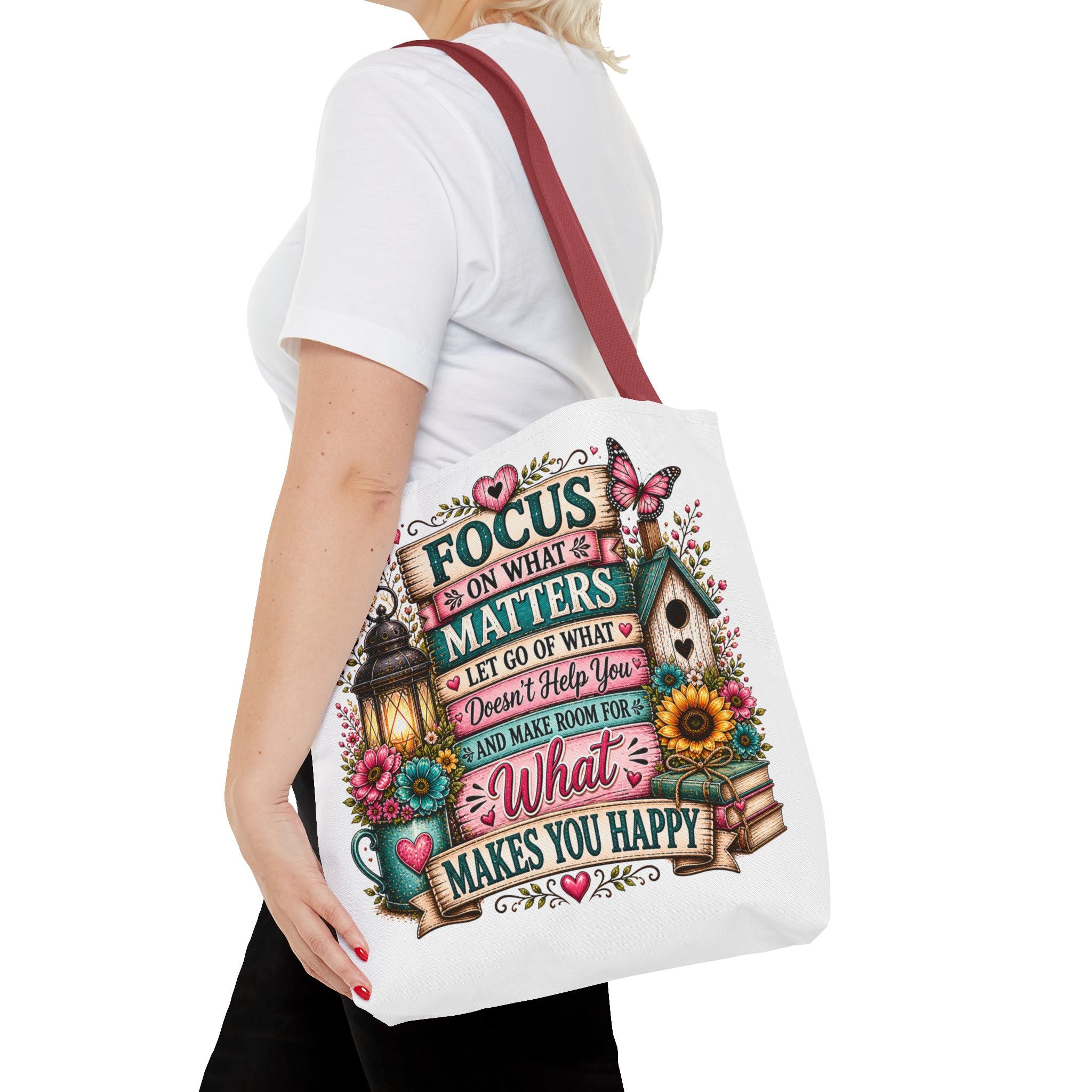 Inspirational Garden Quote Tote Bag — “Focus on What Matters” Floral Canvas Tote