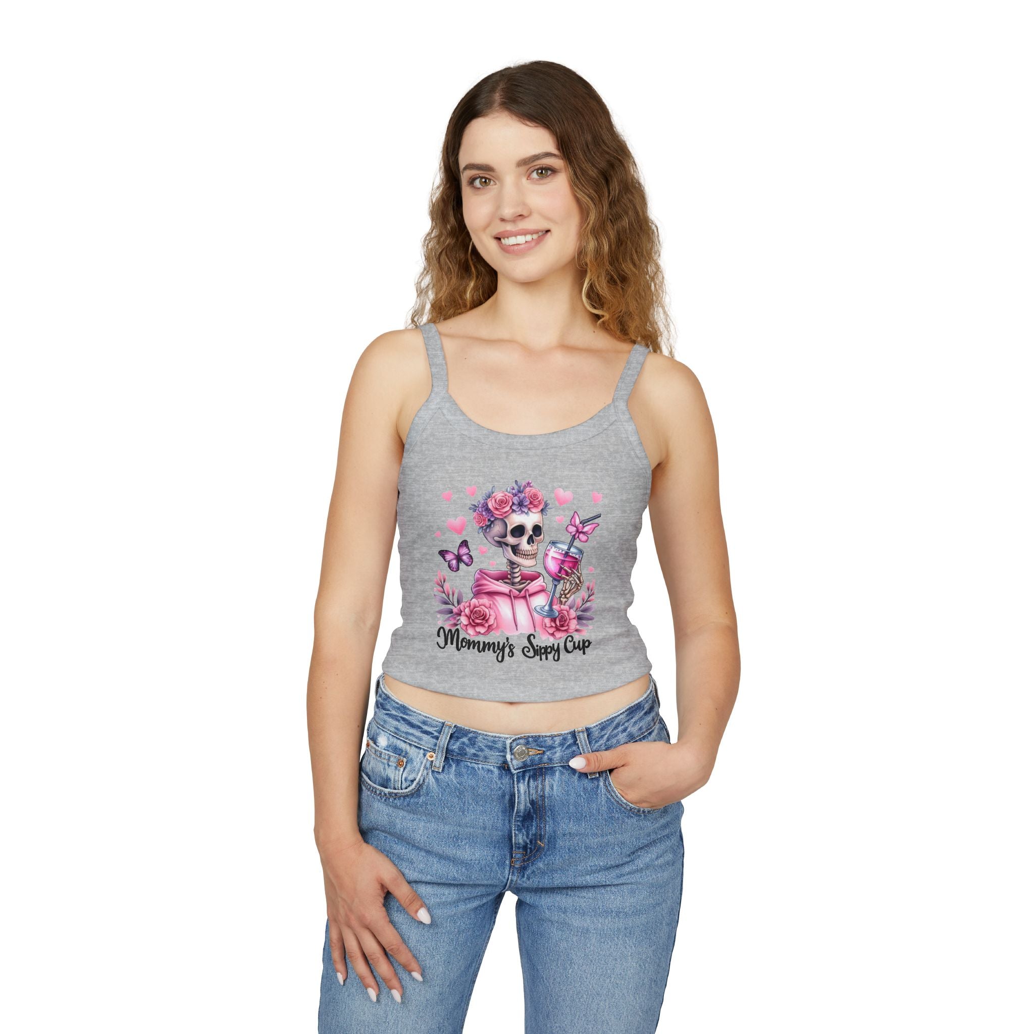 Spaghetti Tank Top — 'Mommy's Sassy Cup' Floral Skull Crop Top